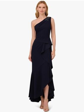 Adrianna Papell Women's Beaded Knit Crepe Gown One-Shoulder Navy Ruffled 8